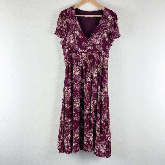 Wayf Floral Crinkle Midi Dress Womens Medium Burgundy V Neck Romantic Flowy - Picture 1 of 10